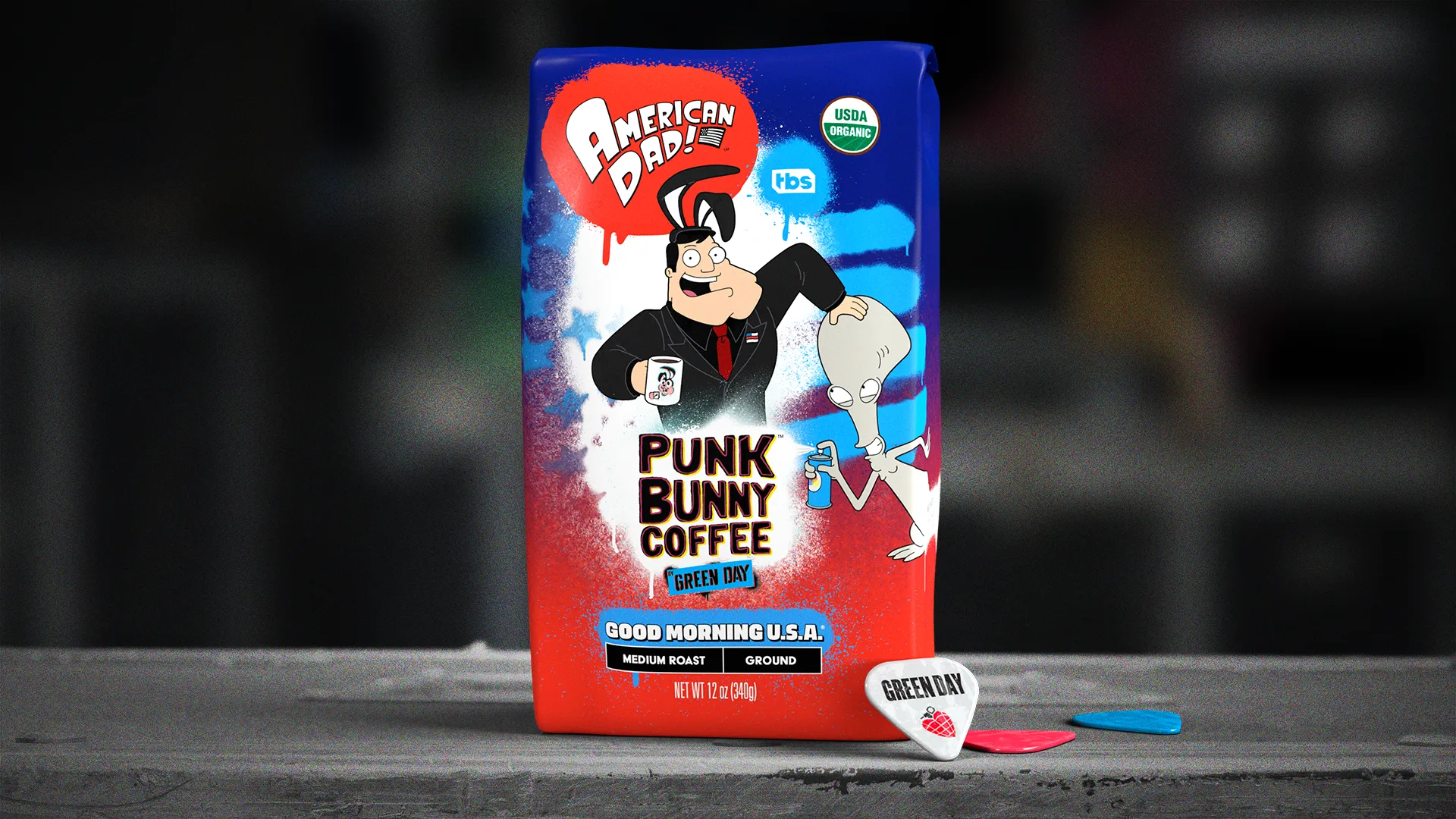 TBS Hit Show American Dad premiere promotion with Green Day's Coffee brand, Punk Bunny Coffee